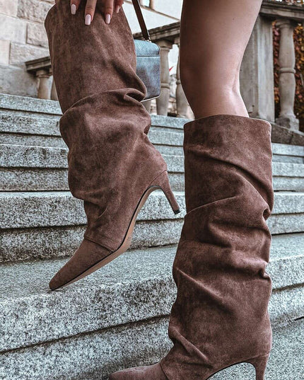 Women's Suede Heel Boots – Pointed Toe, Gathered Upper, Chic Comfort