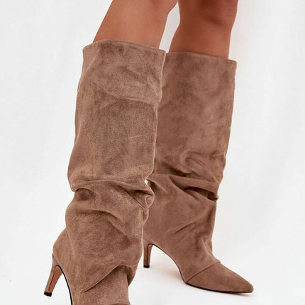 Women's Suede Heel Boots – Pointed Toe, Gathered Upper, Chic Comfort