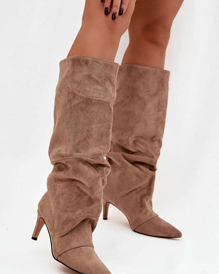 Women's Suede Heel Boots – Pointed Toe, Gathered Upper, Chic Comfort