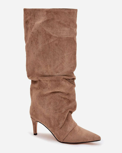 Women's Suede Heel Boots – Pointed Toe, Gathered Upper, Chic Comfort