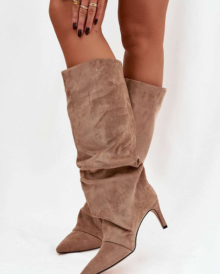Women's Suede Heel Boots – Pointed Toe, Gathered Upper, Chic Comfort