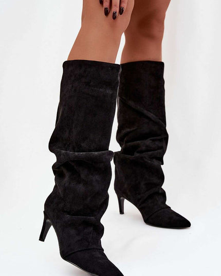 Women's Suede Heel Boots – Pointed Toe, Gathered Upper, Chic Comfort
