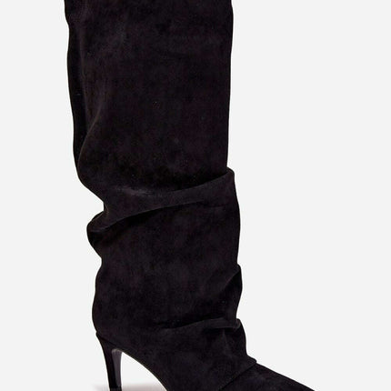 Women's Suede Heel Boots – Pointed Toe, Gathered Upper, Chic Comfort