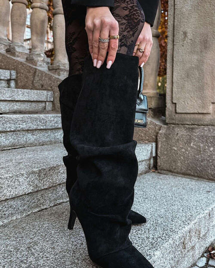 Women's Suede Heel Boots – Pointed Toe, Gathered Upper, Chic Comfort