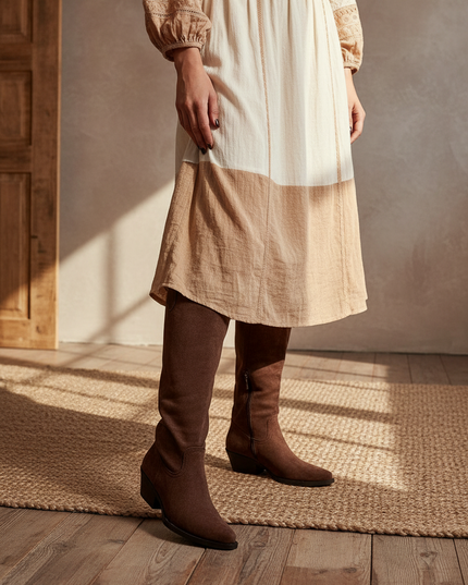 Women's Faux Suede Cowboy Boots – Almond Toe & Trendy Western Design