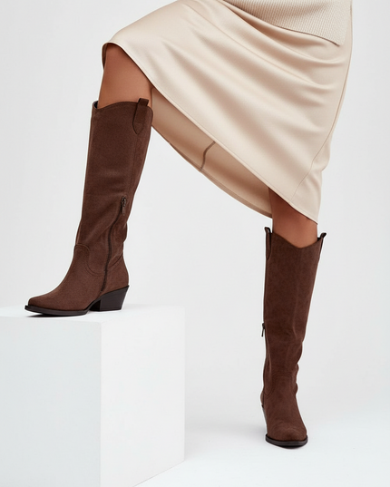 Women's Faux Suede Cowboy Boots – Almond Toe & Trendy Western Design