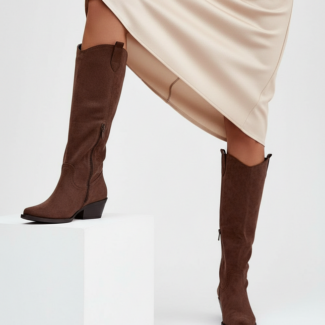 Women's Faux Suede Cowboy Boots – Almond Toe & Trendy Western Design