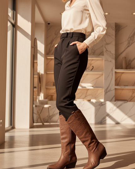 Women's Faux Suede Cowboy Boots – Almond Toe & Trendy Western Design