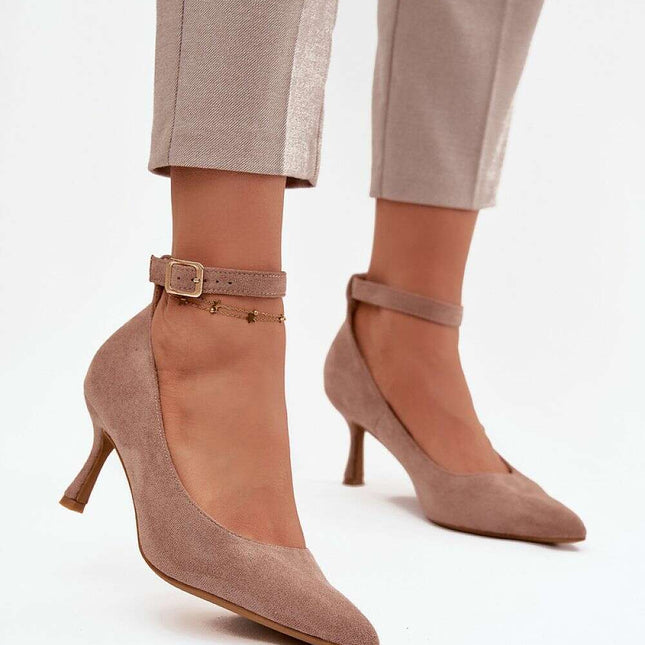 Eco Suede High Heel Pumps with Ankle Strap Buckle – 7cm Pointed Toe