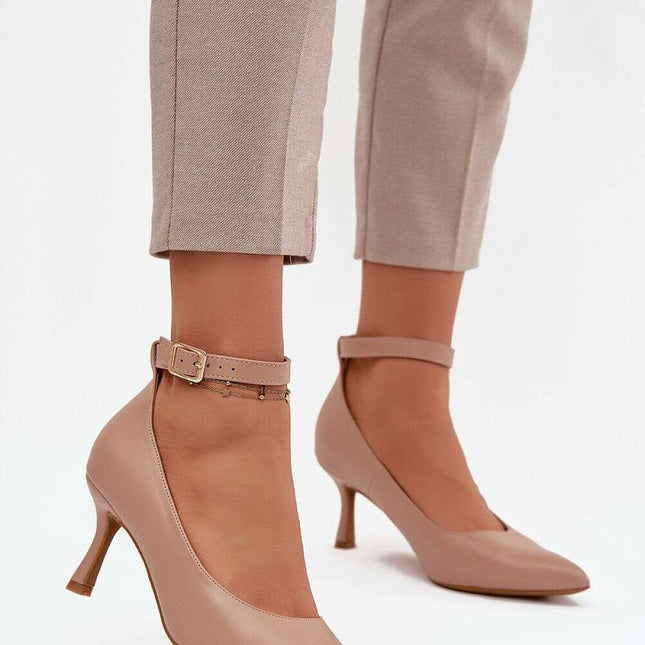 Eco Leather Pointed Toe Pumps with Adjustable Strap – 7cm Slim Heel