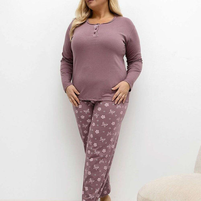 Plus Size Cotton Pajama Set – Button-Front Floral & Butterfly Print