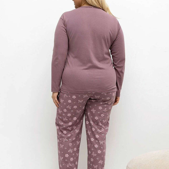 Plus Size Cotton Pajama Set – Button-Front Floral & Butterfly Print