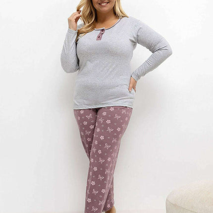 Plus Size Cotton Pajama Set – Button-Front Floral & Butterfly Print