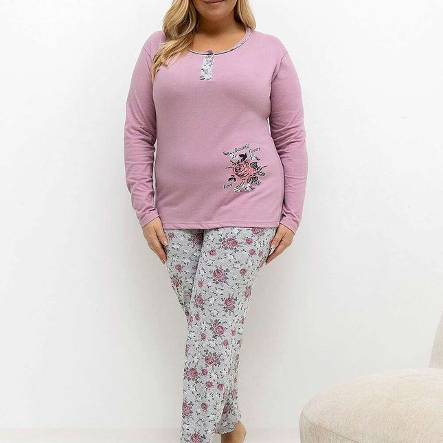 Plus Size Cotton Pajama Set – Floral Long Sleeve Top & Pants