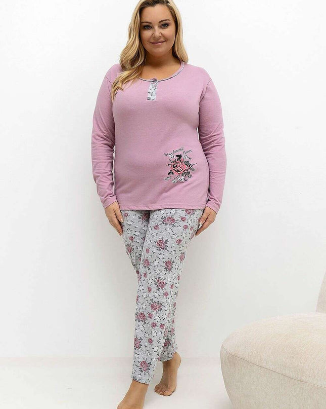 Plus Size Cotton Pajama Set – Floral Long Sleeve Top & Pants