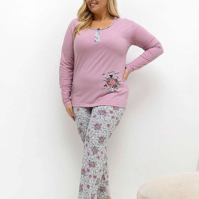 Plus Size Cotton Pajama Set – Floral Long Sleeve Top & Pants