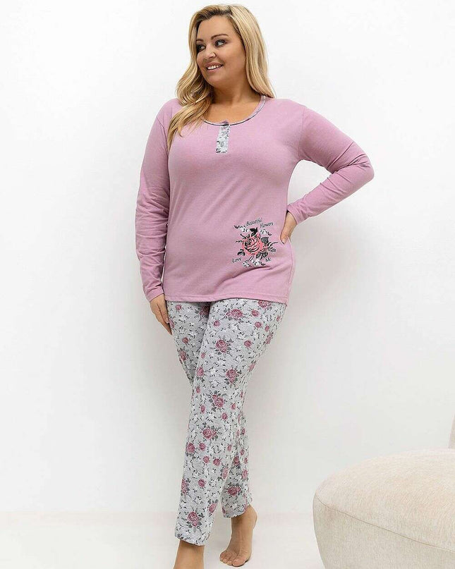 Plus Size Cotton Pajama Set – Floral Long Sleeve Top & Pants