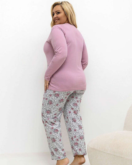 Plus Size Cotton Pajama Set – Floral Long Sleeve Top & Pants