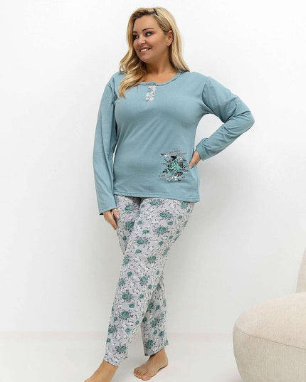 Plus Size Cotton Pajama Set – Floral Long Sleeve Top & Pants