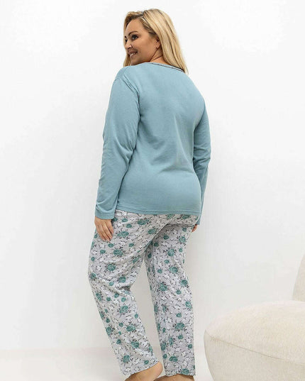 Plus Size Cotton Pajama Set – Floral Long Sleeve Top & Pants