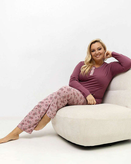 Plus Size Cotton Pajama Set – Floral Print Two-Piece with Pocket