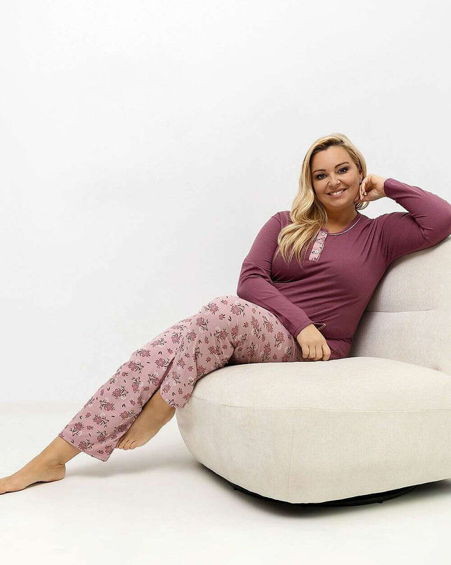 Plus Size Cotton Pajama Set – Floral Print Two-Piece with Pocket