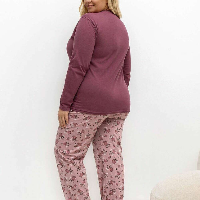 Plus Size Cotton Pajama Set – Floral Print Two-Piece with Pocket