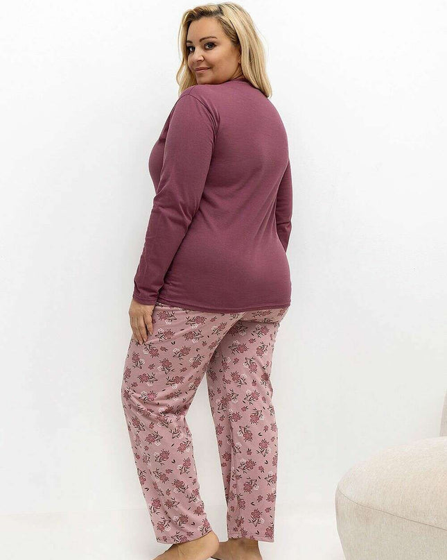 Plus Size Cotton Pajama Set – Floral Print Two-Piece with Pocket
