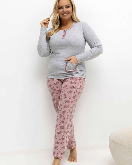 Plus Size Cotton Pajama Set – Floral Print Two-Piece with Pocket