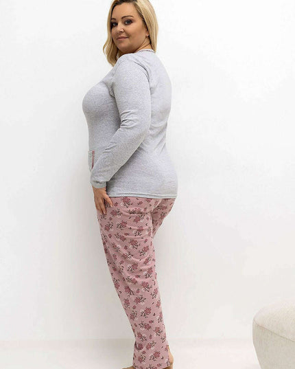 Plus Size Cotton Pajama Set – Floral Print Two-Piece with Pocket