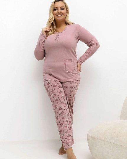 Plus Size Cotton Pajama Set – Floral Print Two-Piece with Pocket