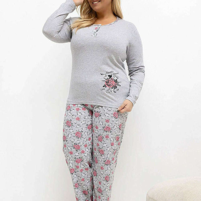 Plus Size Cotton Pajama Set – Floral Long Sleeve Top & Pants