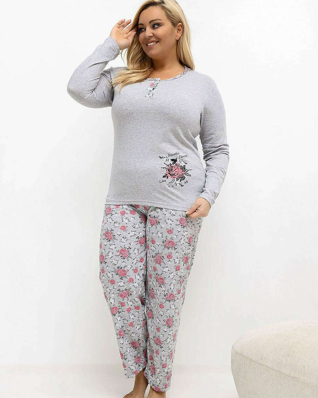 Plus Size Cotton Pajama Set – Floral Long Sleeve Top & Pants