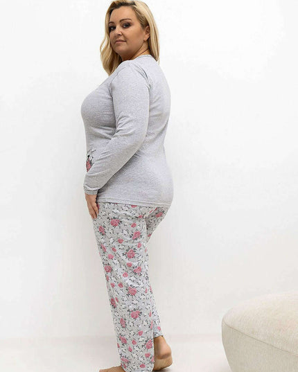 Plus Size Cotton Pajama Set – Floral Long Sleeve Top & Pants