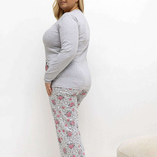 Plus Size Cotton Pajama Set – Floral Long Sleeve Top & Pants