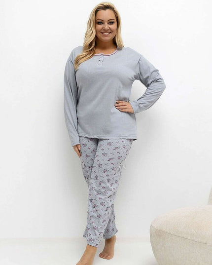 Plus Size Cotton Pajama Set – Floral Polka Dot Blouse & Pants