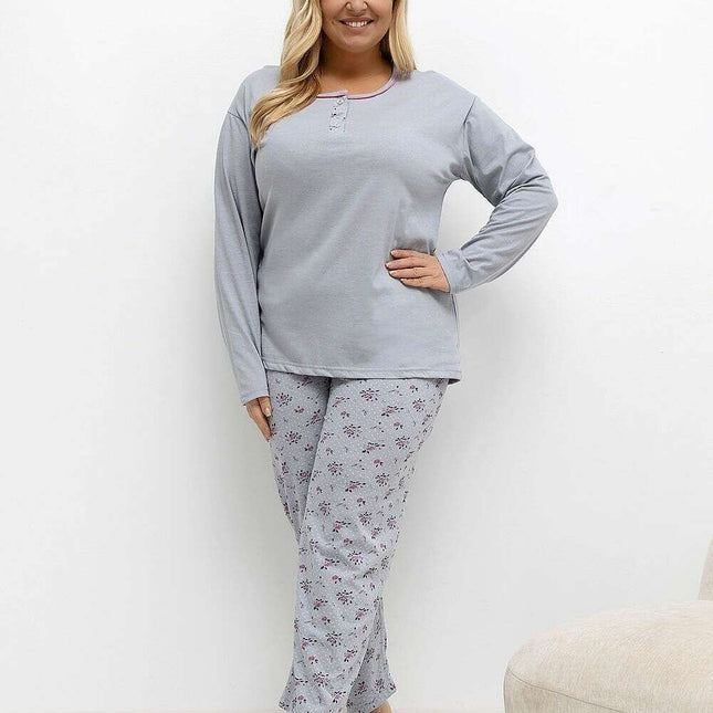 Plus Size Cotton Pajama Set – Floral Polka Dot Blouse & Pants