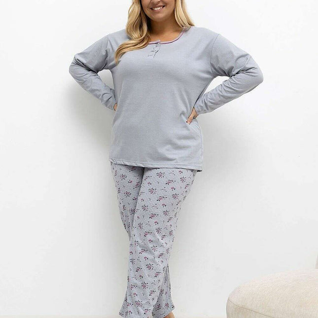 Plus Size Cotton Pajama Set – Floral Polka Dot Blouse & Pants