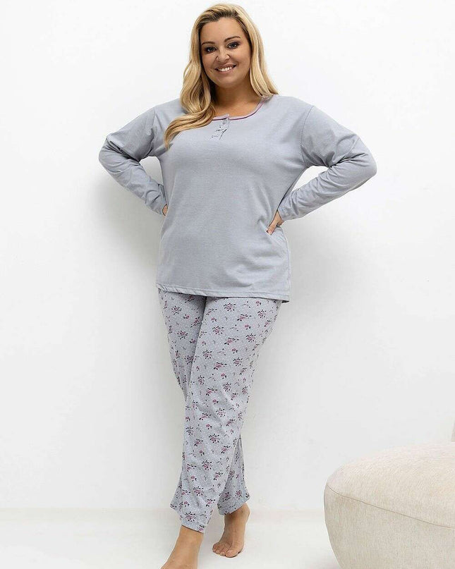 Plus Size Cotton Pajama Set – Floral Polka Dot Blouse & Pants