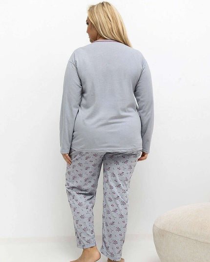 Plus Size Cotton Pajama Set – Floral Polka Dot Blouse & Pants