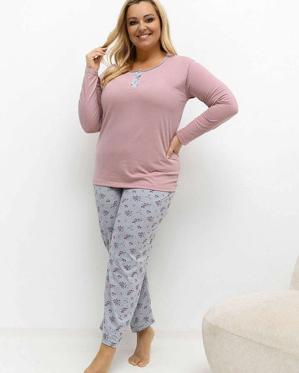 Plus Size Cotton Pajama Set – Floral Polka Dot Blouse & Pants