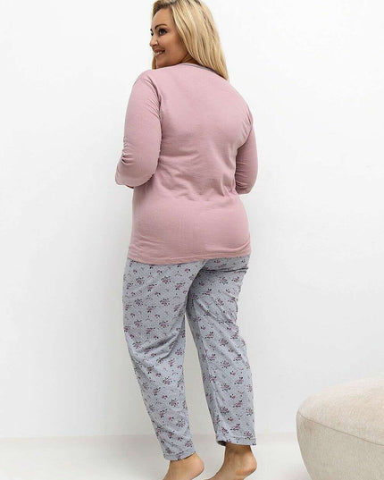 Plus Size Cotton Pajama Set – Floral Polka Dot Blouse & Pants