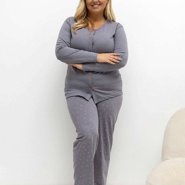 Plus Size Cotton Polka Dot Pajama Set – Button-Up Top & Pants