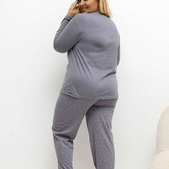 Plus Size Cotton Polka Dot Pajama Set – Button-Up Top & Pants
