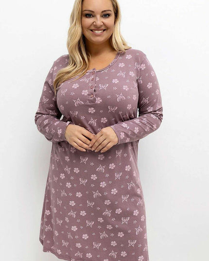 Plus Size Cotton Nightgown – Floral Print, Long Sleeve, Knee-Length