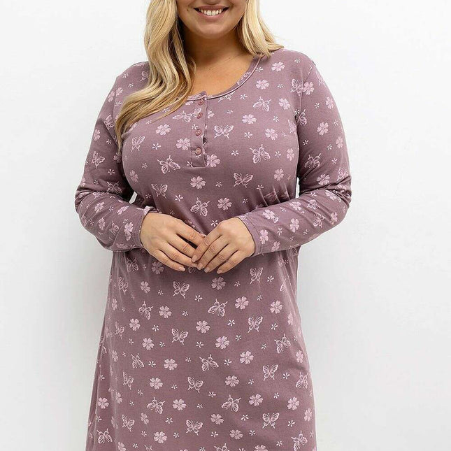 Plus Size Cotton Nightgown – Floral Print, Long Sleeve, Knee-Length