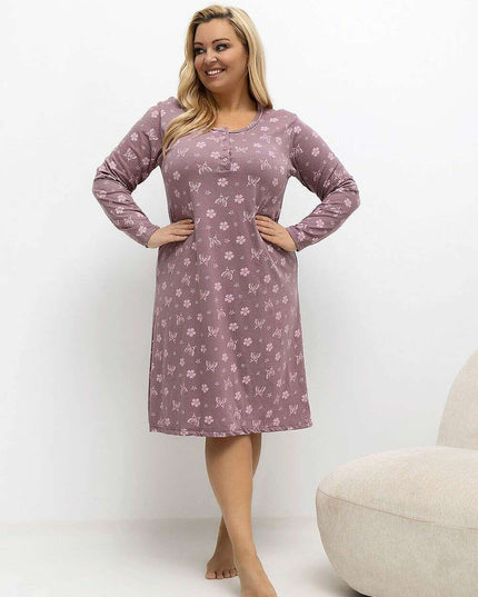 Plus Size Cotton Nightgown – Floral Print, Long Sleeve, Knee-Length