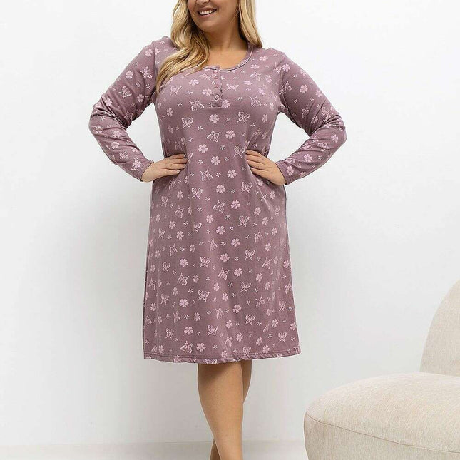 Plus Size Cotton Nightgown – Floral Print, Long Sleeve, Knee-Length
