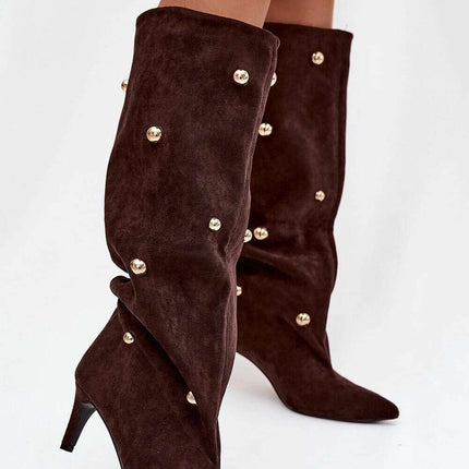 Women's Suede Heel Boots – Gold Accent, Pointed Toe, Slip-On Style