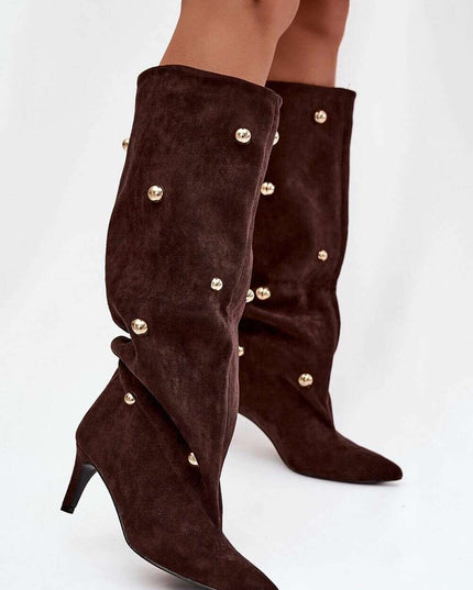 Women's Suede Heel Boots – Gold Accent, Pointed Toe, Slip-On Style